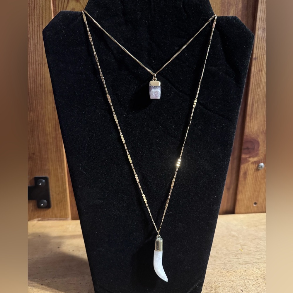 Gold tone, multi strand, amethyst, and milk quartz, horn necklace